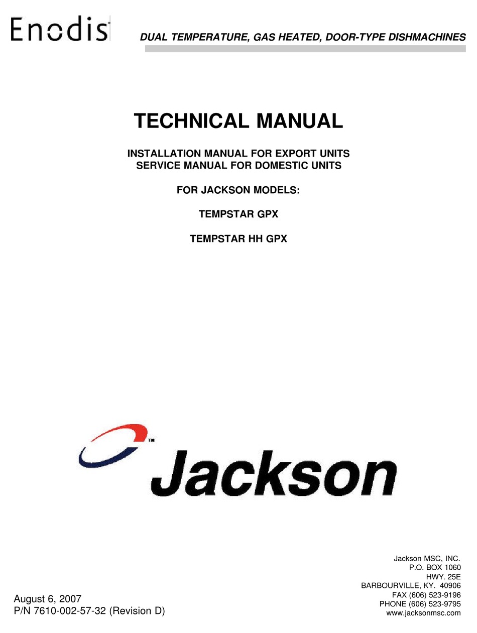 JACKSON DOORTYPE DISHMACHINE TEMPSTAR GPX DISHWASHER TECHNICAL MANUAL