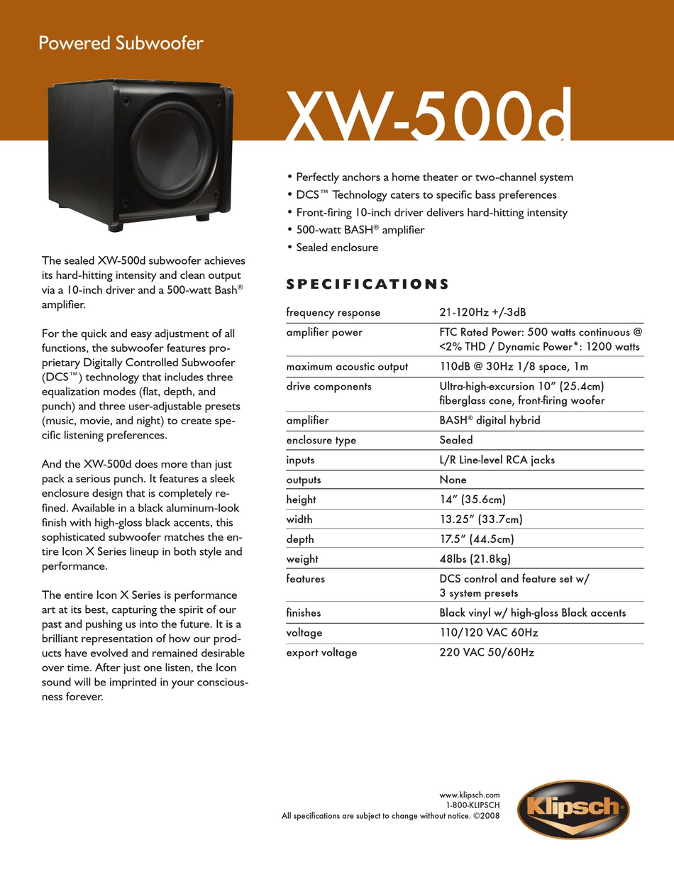 Klipsch Icon Series Xw 500d Subwoofer Specifications Manualslib