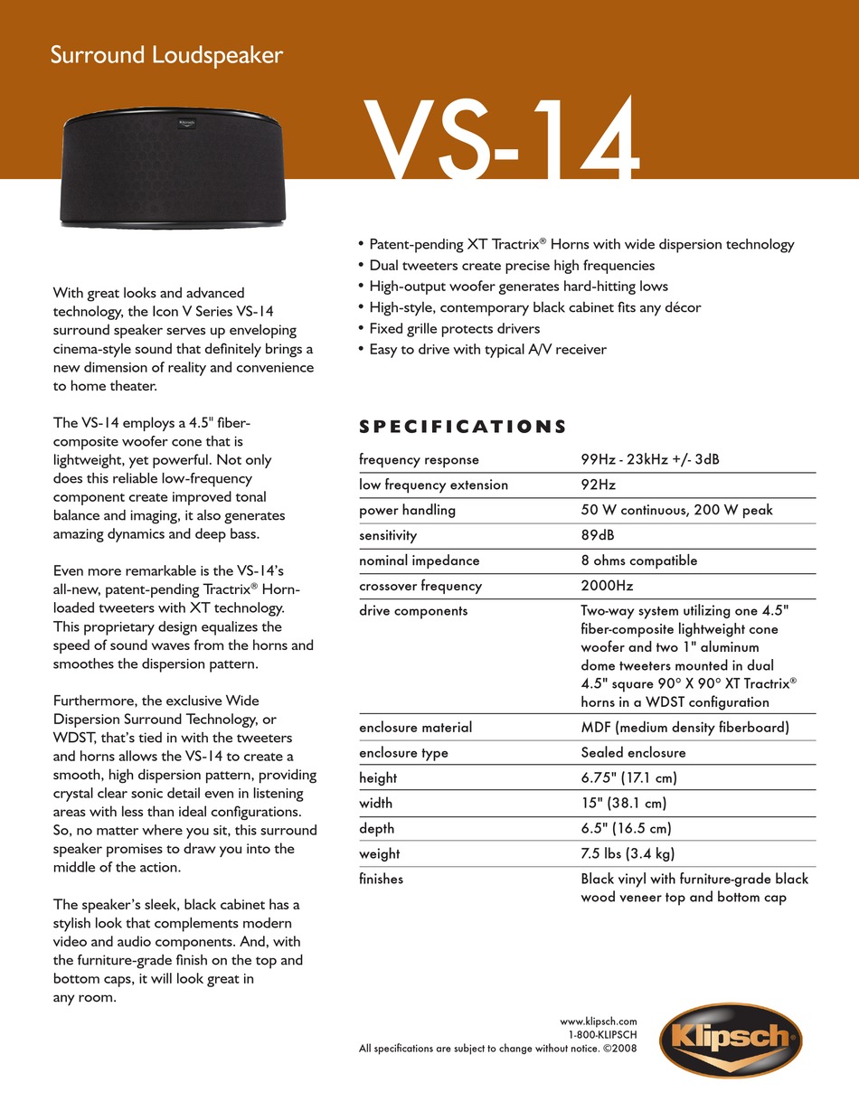 Klipsch Icon V Series Specifications Pdf Download Manualslib