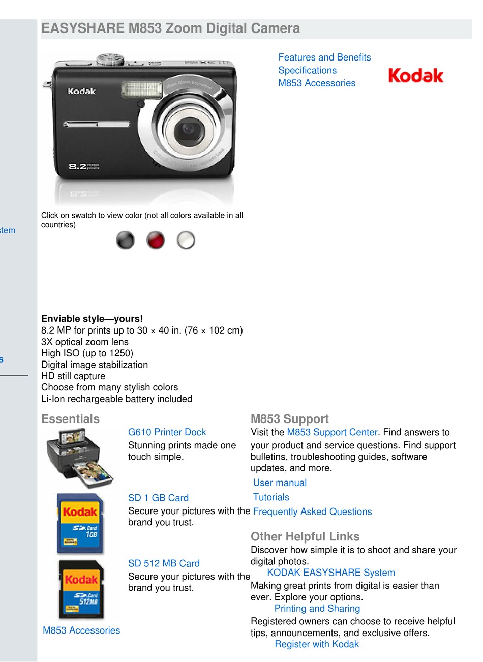 KODAK EASYSHARE M853 SPECIFICATION SHEET Pdf Download | ManualsLib