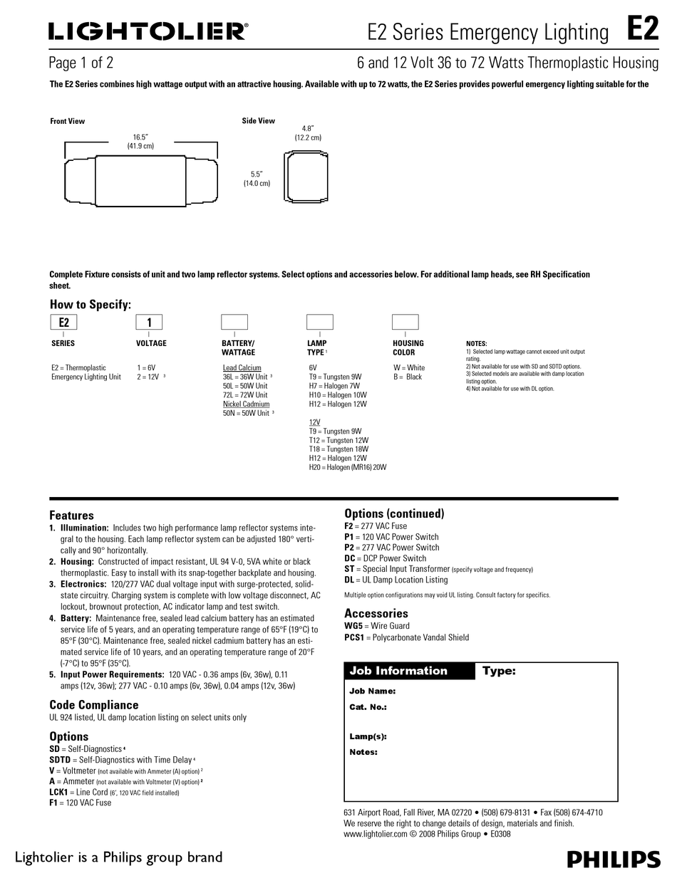 LIGHTOLIER EMERGENCY LIGHTING E2 SERIES WORK LIGHT SPECIFICATION SHEET
