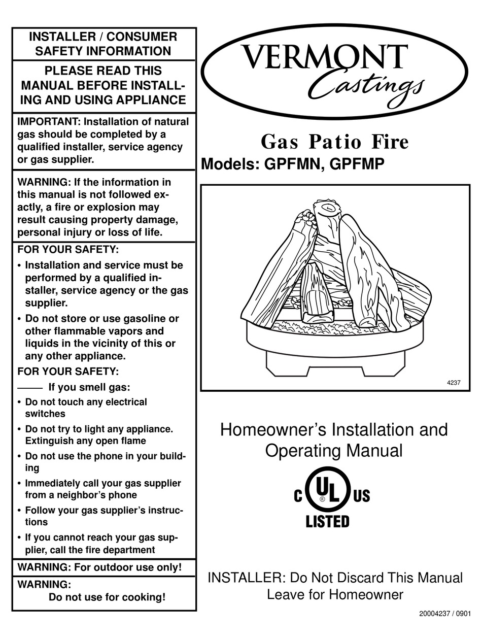 VERMONT CASTINGS GPFMN PATIO HEATER HOMEOWNER'S INSTALLATION AND