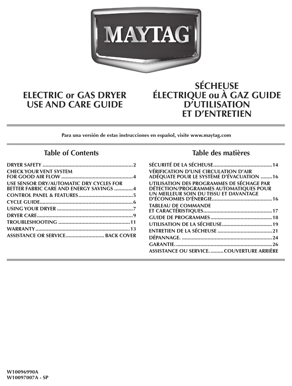 MAYTAG W10096990A DRYER USE AND CARE MANUAL ManualsLib