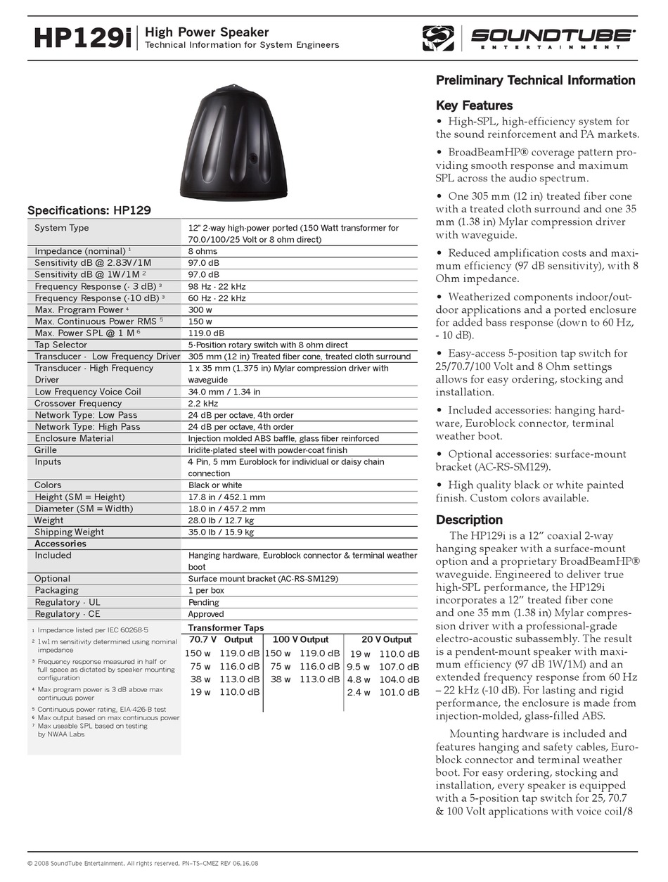 SOUNDTUBE HIGH POWER SPEAKER HP129I PORTABLE SPEAKER SPECIFICATIONS