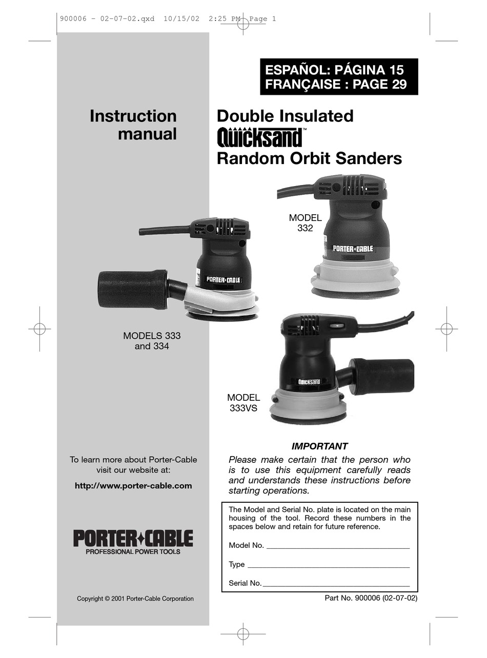 PORTERCABLE QUICKSAND 333 SANDER INSTRUCTION MANUAL ManualsLib