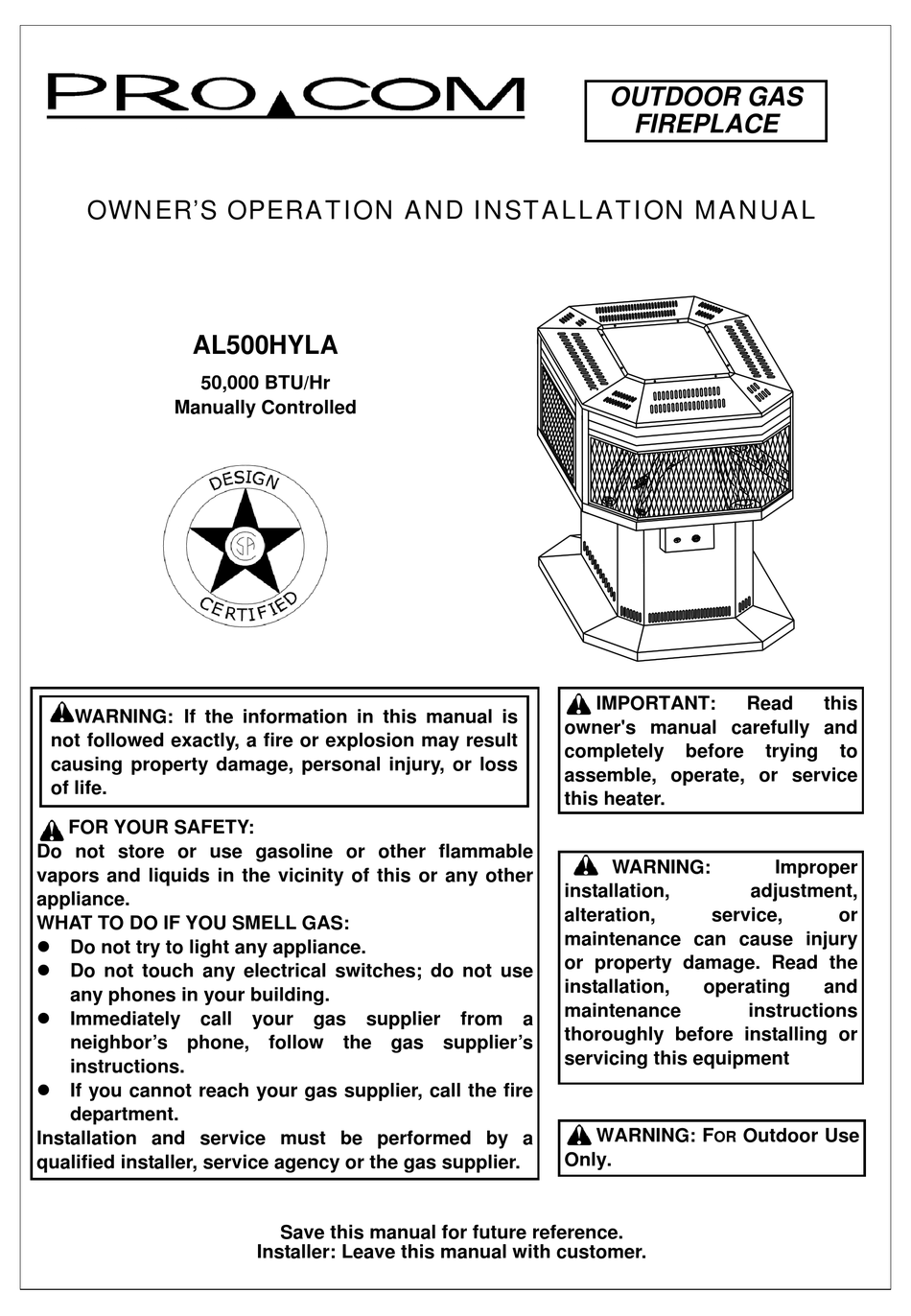 PROCOM AL500HYLA OUTDOOR FIREPLACE OWNER'S OPERATION AND INSTALLATION  MANUAL | ManualsLib