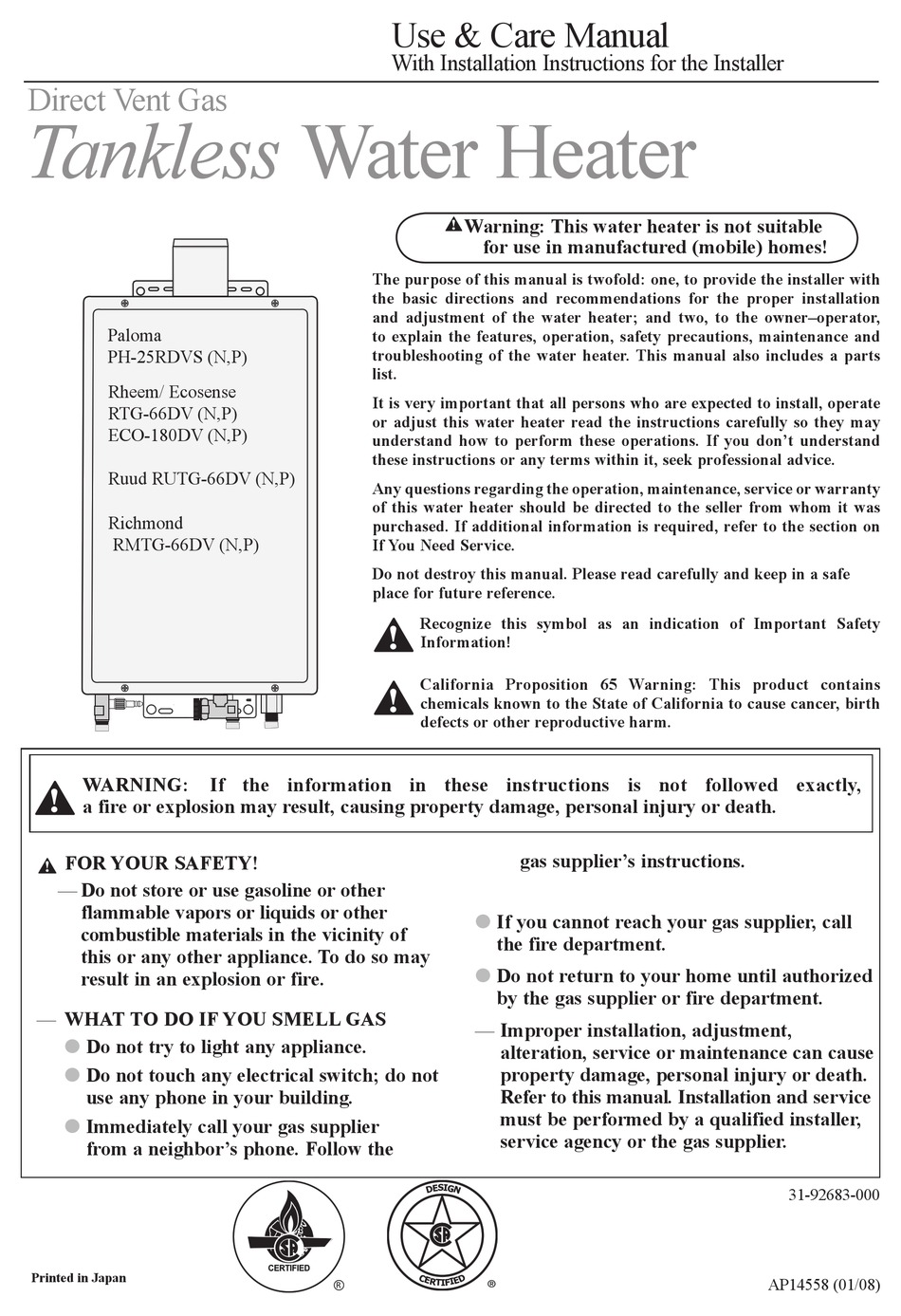 Rheem Ecosense Eco 180dv Use Care Manual Pdf Download Manualslib