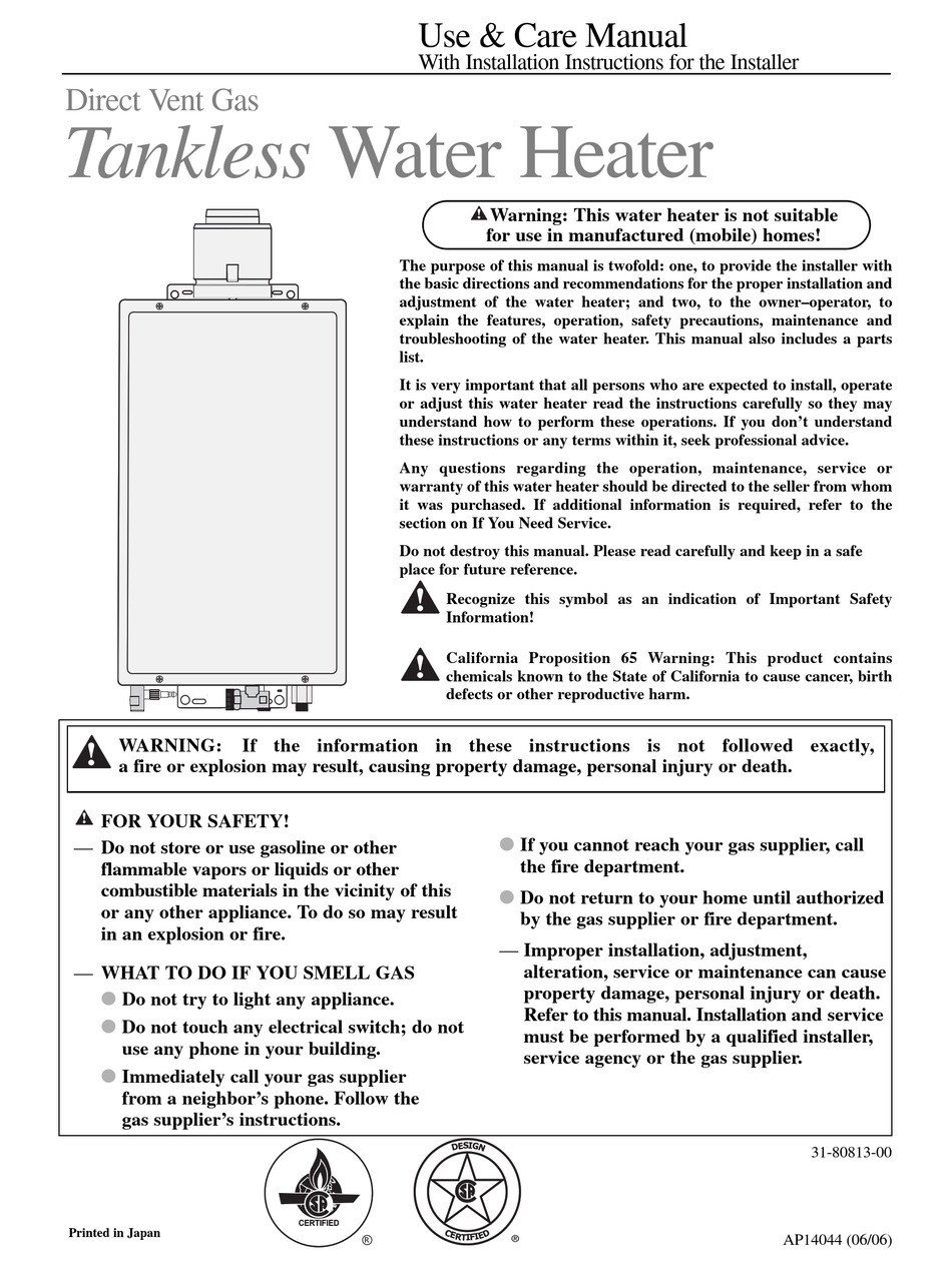 RHEEM DIRECT VENT GAS TANKLESS WATER HEATER WATER HEATER USE AND CARE