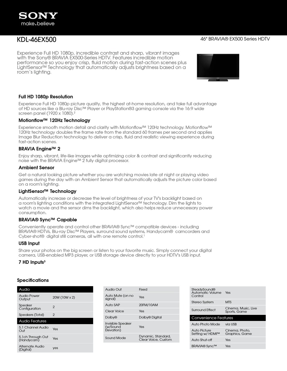 SONY 46" BRAVIA KDL-46EX500 SPECIFICATION SHEET Pdf Download | ManualsLib