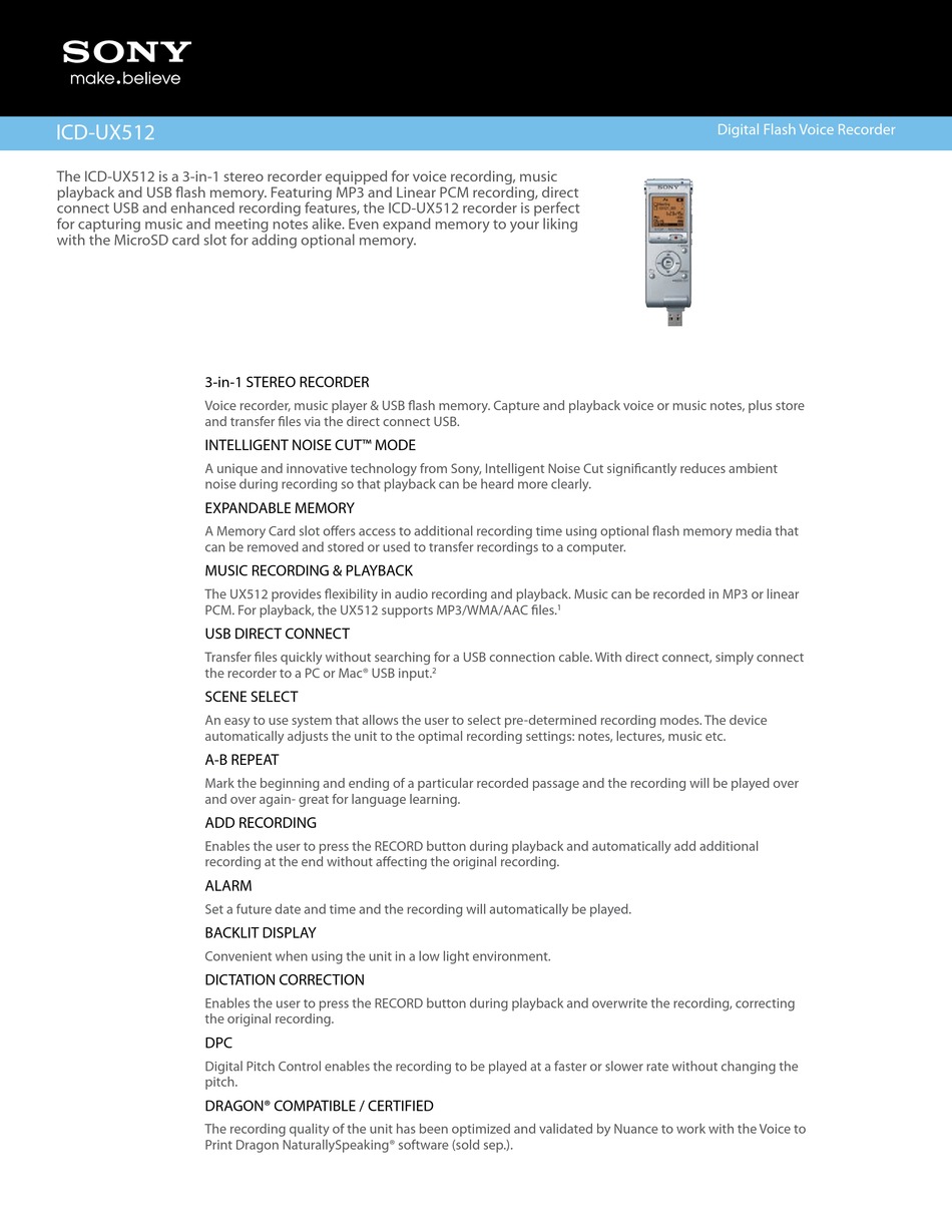 SONY ICD-UX512 VOICE RECORDER SPECIFICATIONS | ManualsLib