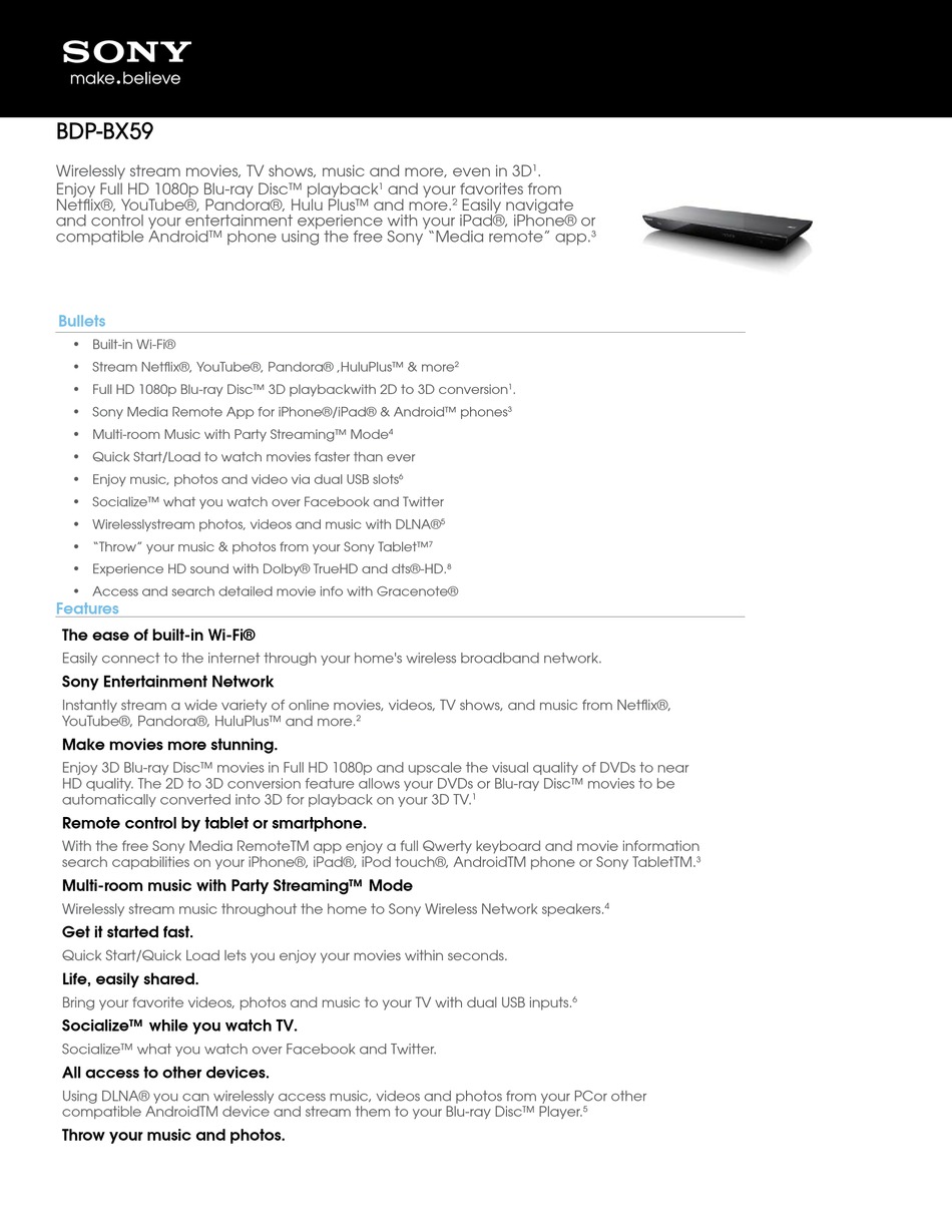 SONY BDP-BX59 BLU-RAY PLAYER SPECIFICATIONS | ManualsLib