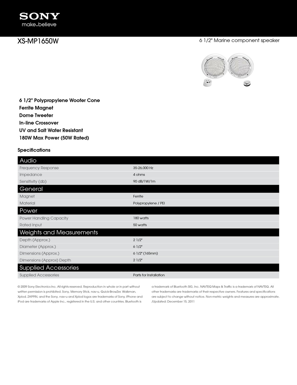 SONY XSMP1650W CAR SPEAKER SPECIFICATIONS ManualsLib