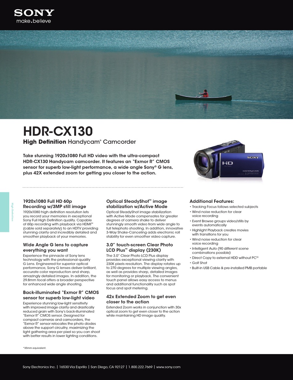 SONY HANDYCAM HDRCX130 CAMCORDER SPECIFICATIONS ManualsLib