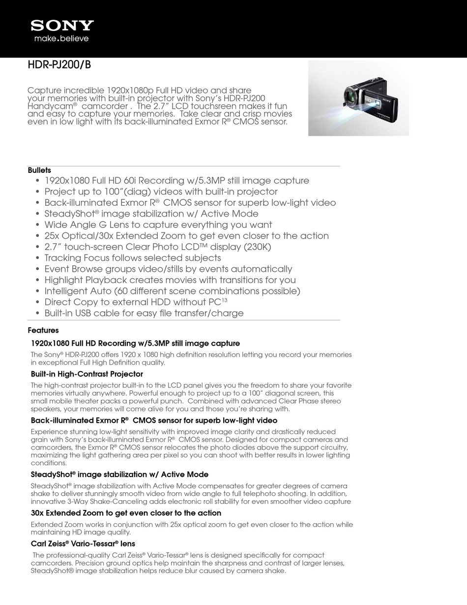 SONY HDR-PJ200/B SPECIFICATIONS Pdf Download | ManualsLib
