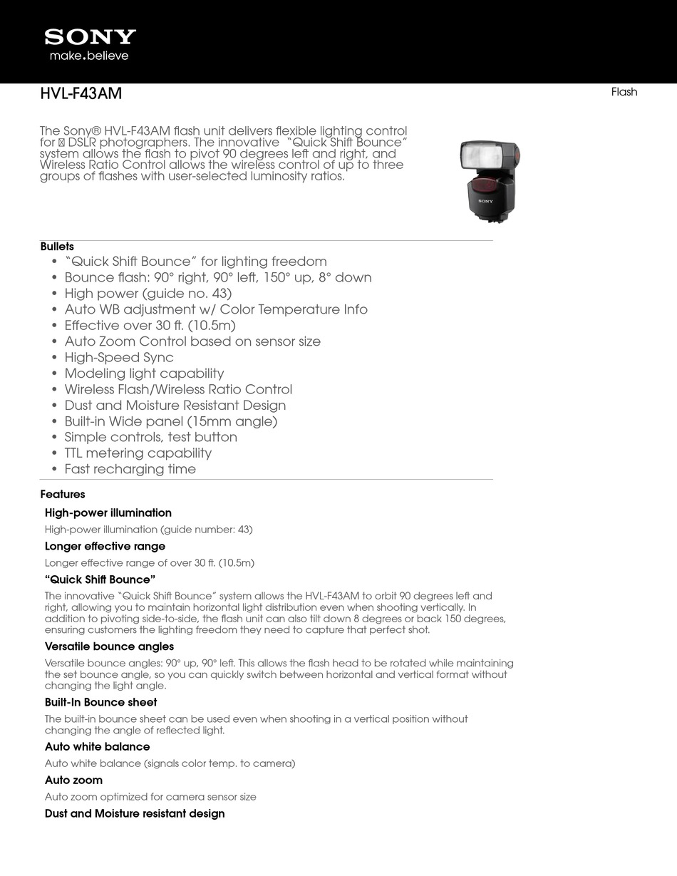 SONY HVL-F43AM CAMERA FLASH SPECIFICATIONS | ManualsLib