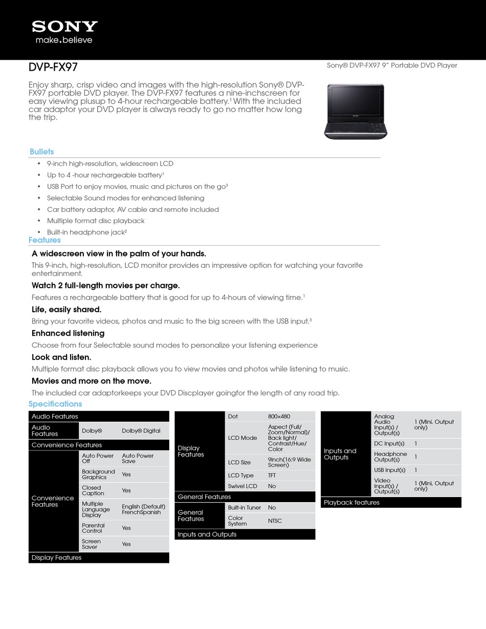 SONY DVP-FX97 PORTABLE DVD PLAYER SPECIFICATION SHEET | ManualsLib