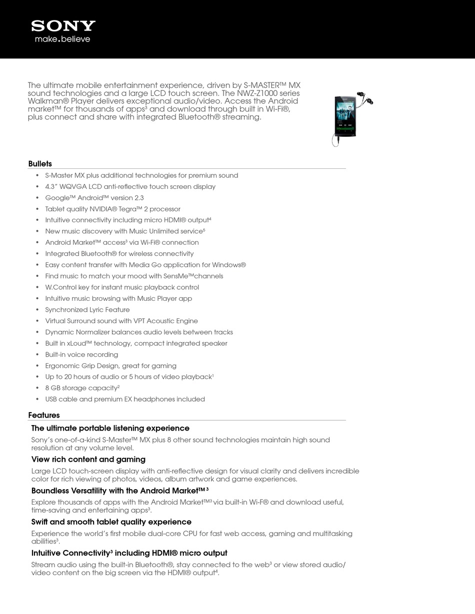 SONY NWZZ1040 MP3 PLAYER SPECIFICATIONS ManualsLib