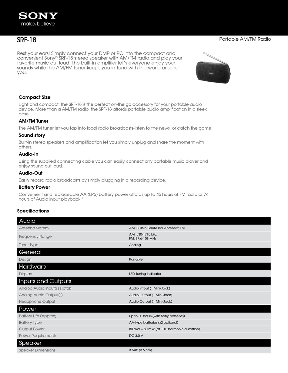 Radio portátil Sony SRF18B - Almacen