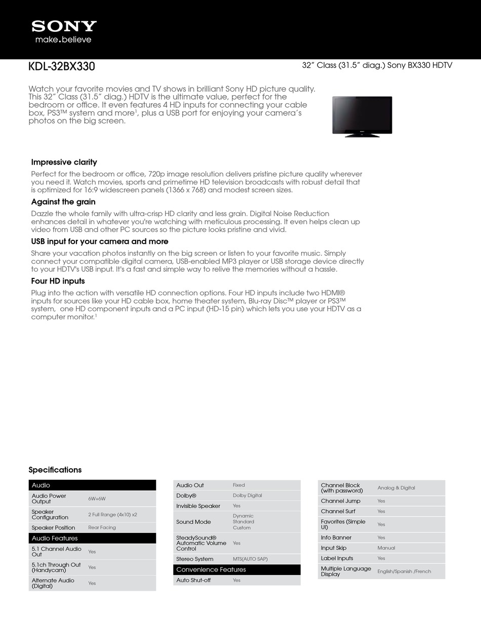 SONY BRAVIA KDL32BX330 LCD TV SPECIFICATIONS ManualsLib