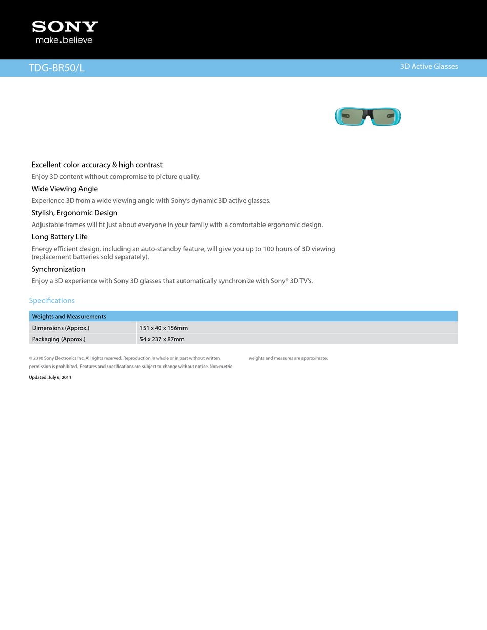 SONY TDG-BR50/L 3D GLASSES SPECIFICATIONS | ManualsLib