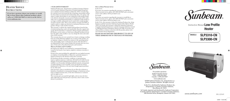 SUNBEAM SLP3300-CN ELECTRIC HEATER INSTRUCTION MANUAL | ManualsLib