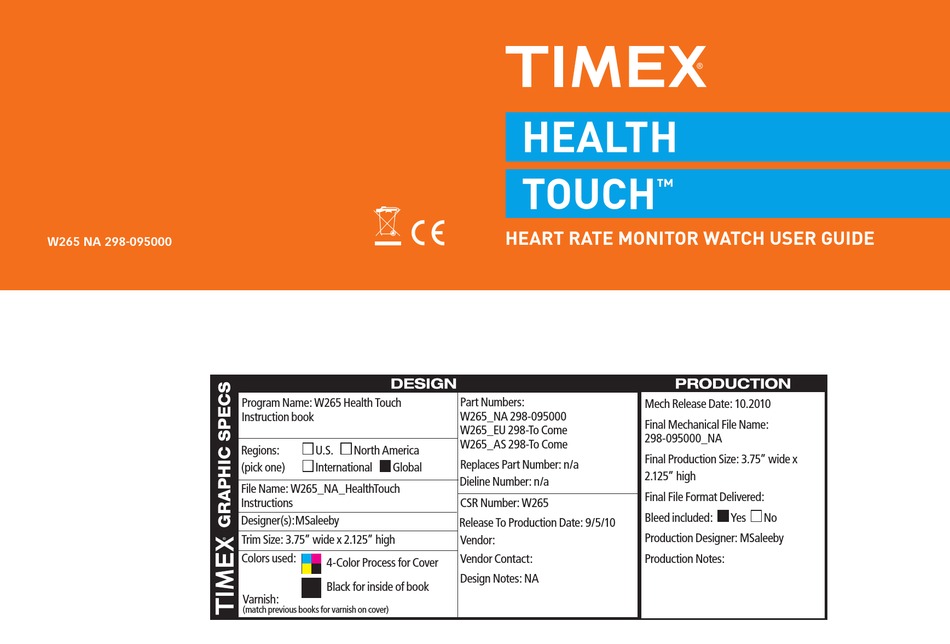 TIMEX HEALTH TOUCH W265 HEART RATE MONITOR INSTRUCTION BOOK ManualsLib