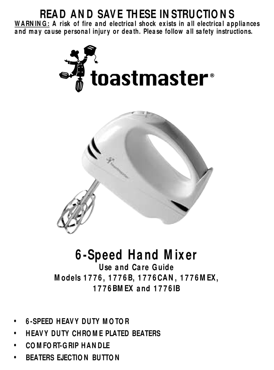 TOASTMASTER 1776 MIXER USE AND CARE MANUAL ManualsLib