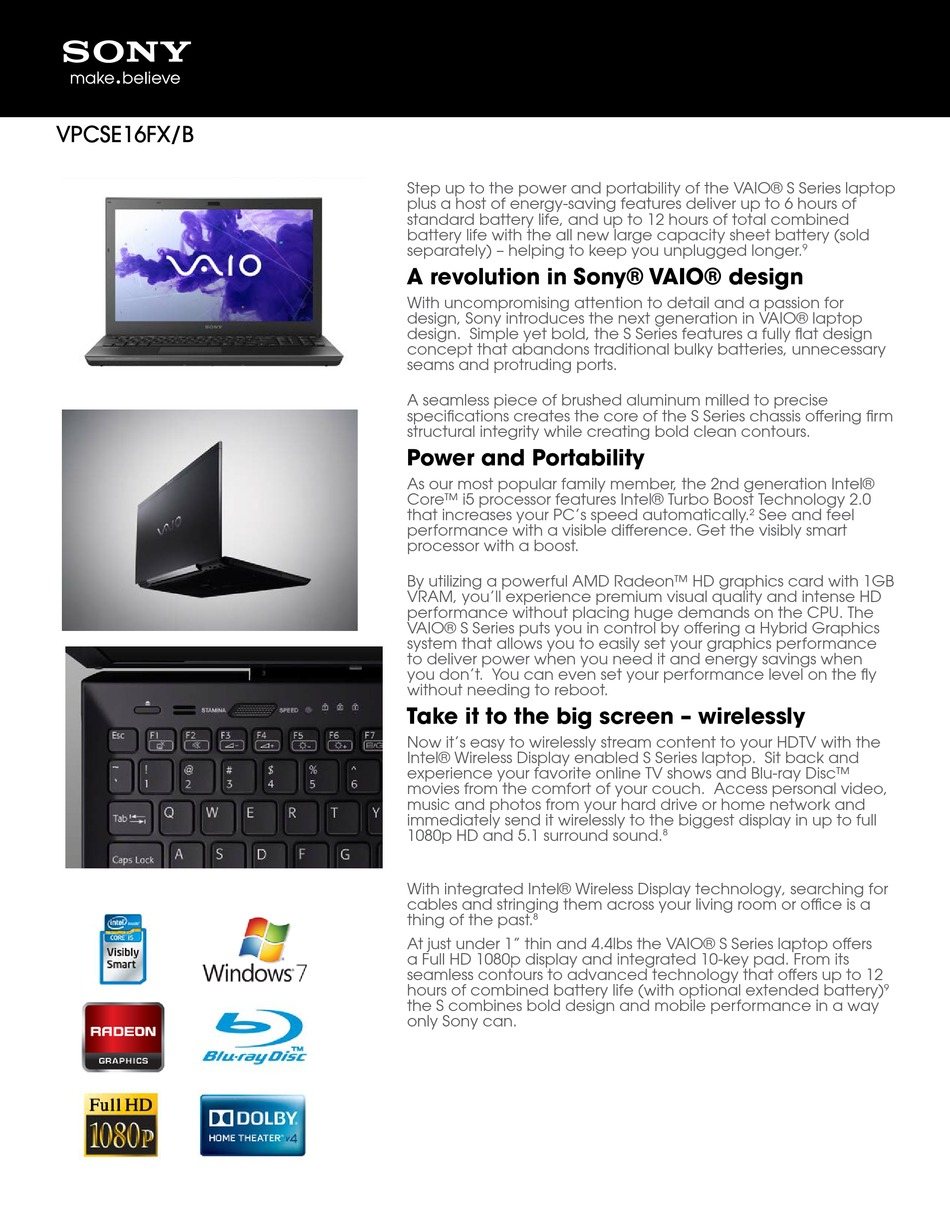 SONY VAIO VPCSE16FX/B LAPTOP SPECIFICATIONS | ManualsLib