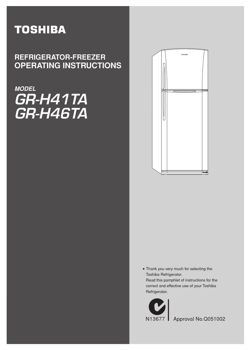 TOSHIBA GR-H41TA REFRIGERATOR OPERATING INSTRUCTIONS MANUAL 