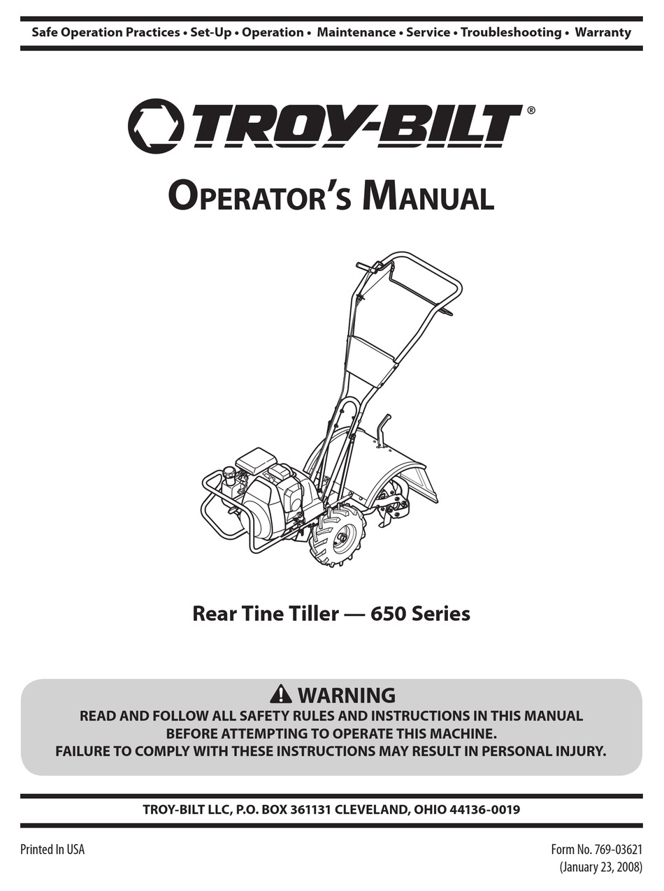 TROY-BILT SERIES 650 TILLER OPERATOR'S MANUAL | ManualsLib