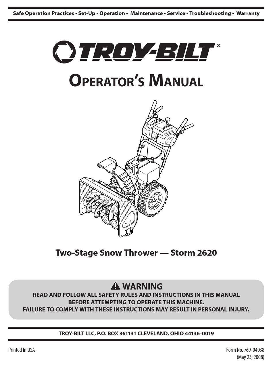 TROYBILT 2620 SNOW BLOWER OPERATOR'S MANUAL ManualsLib