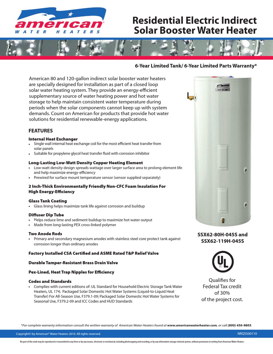 AMERICAN WATER HEATER NRQSS00110 WATER HEATER SPECIFICATION SHEET