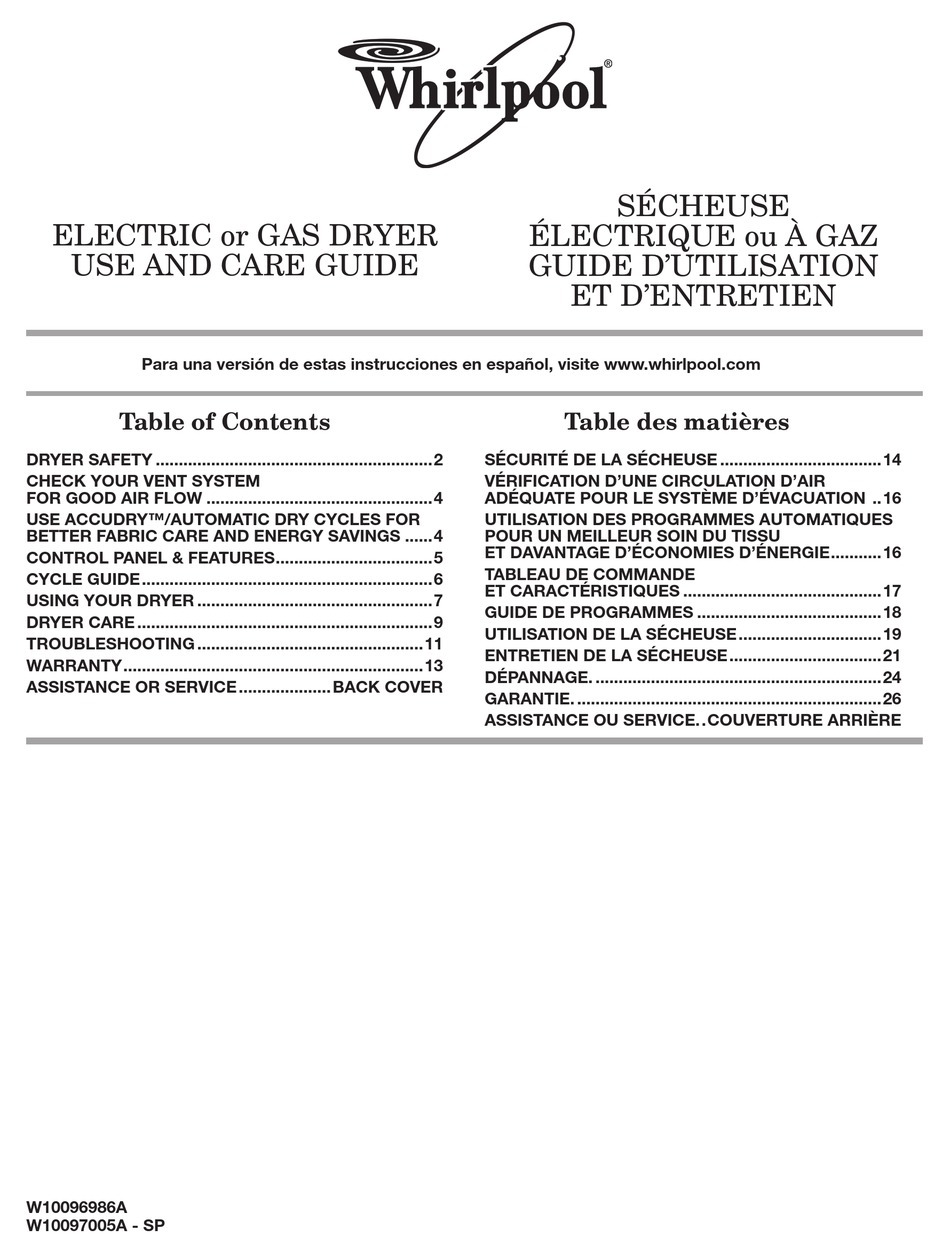 WHIRLPOOL W10096986A USE AND CARE MANUAL Pdf Download | ManualsLib