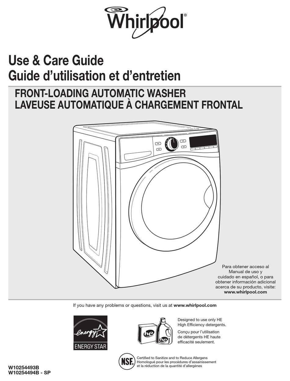WHIRLPOOL W10254493A WASHER USE AND CARE MANUAL ManualsLib