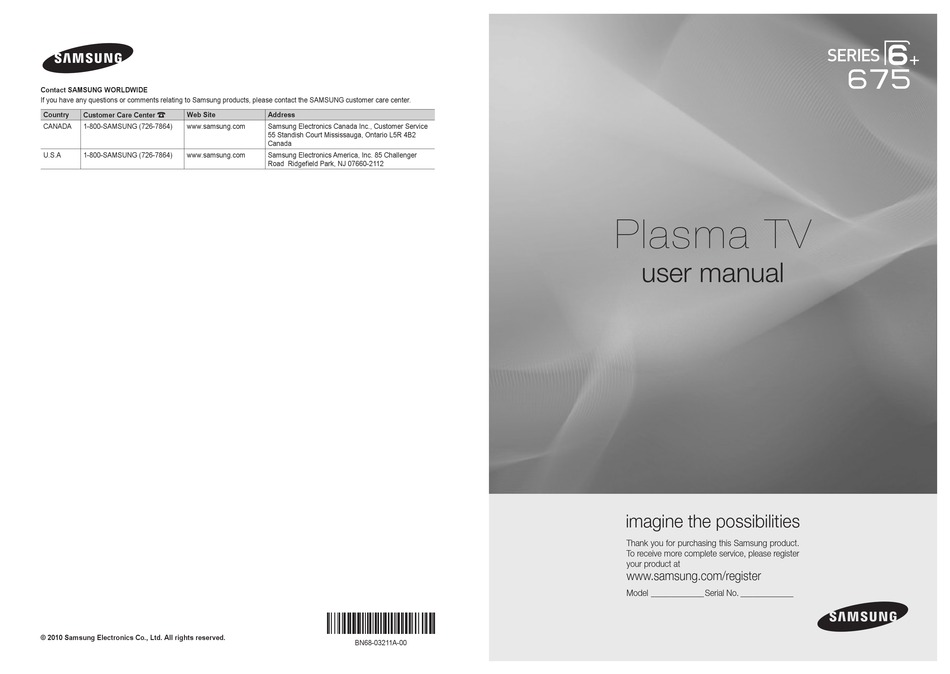 SAMSUNG PN50C675G6F PLASMA TV USER MANUAL ManualsLib