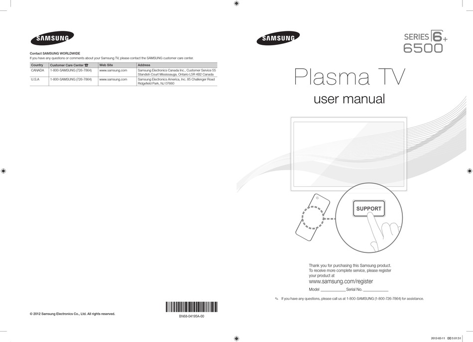 SAMSUNG PN51E6500EF PLASMA TV USER MANUAL ManualsLib