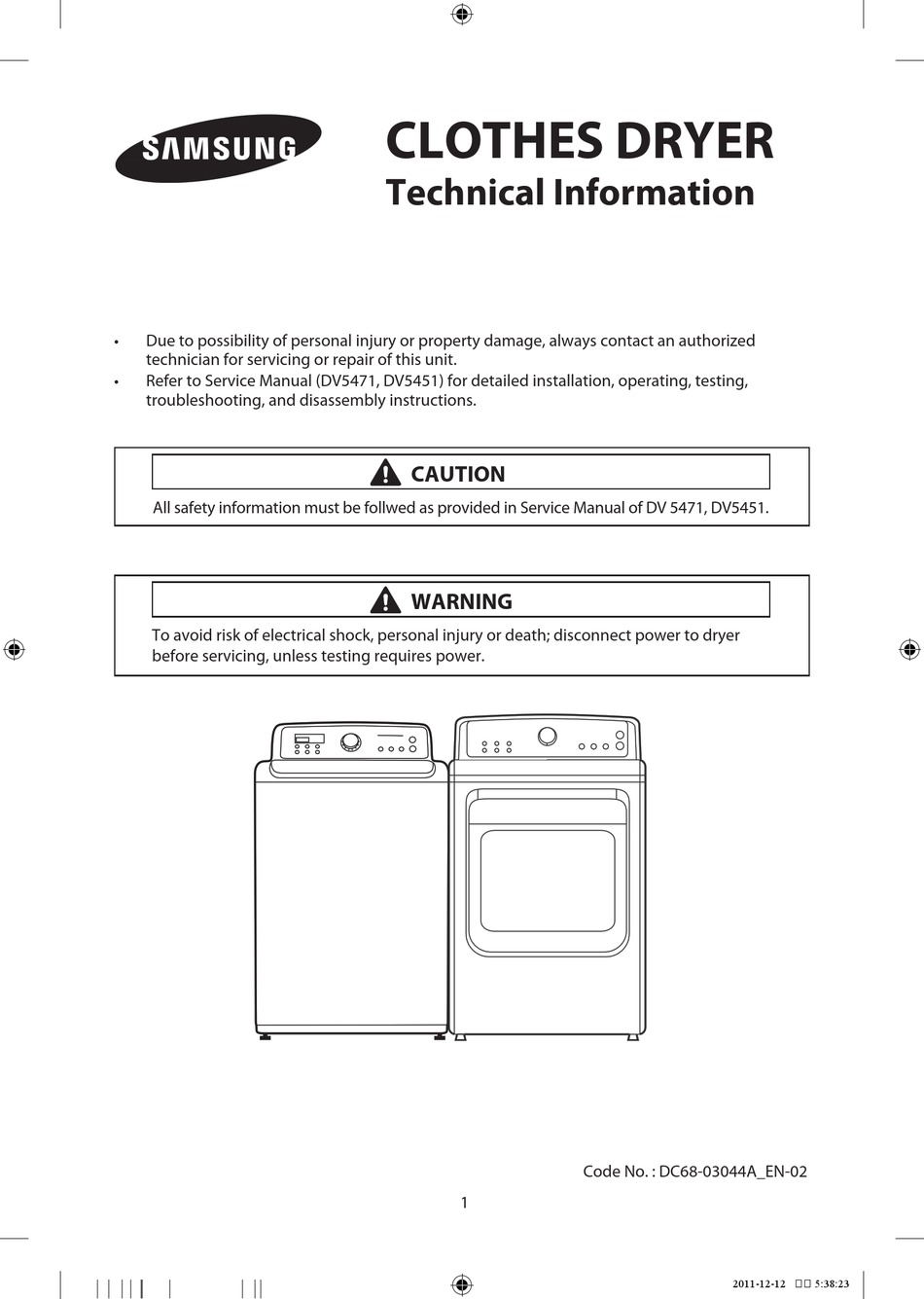 Samsung Dv5471aep Xaa Technical Information Pdf Download Manualslib