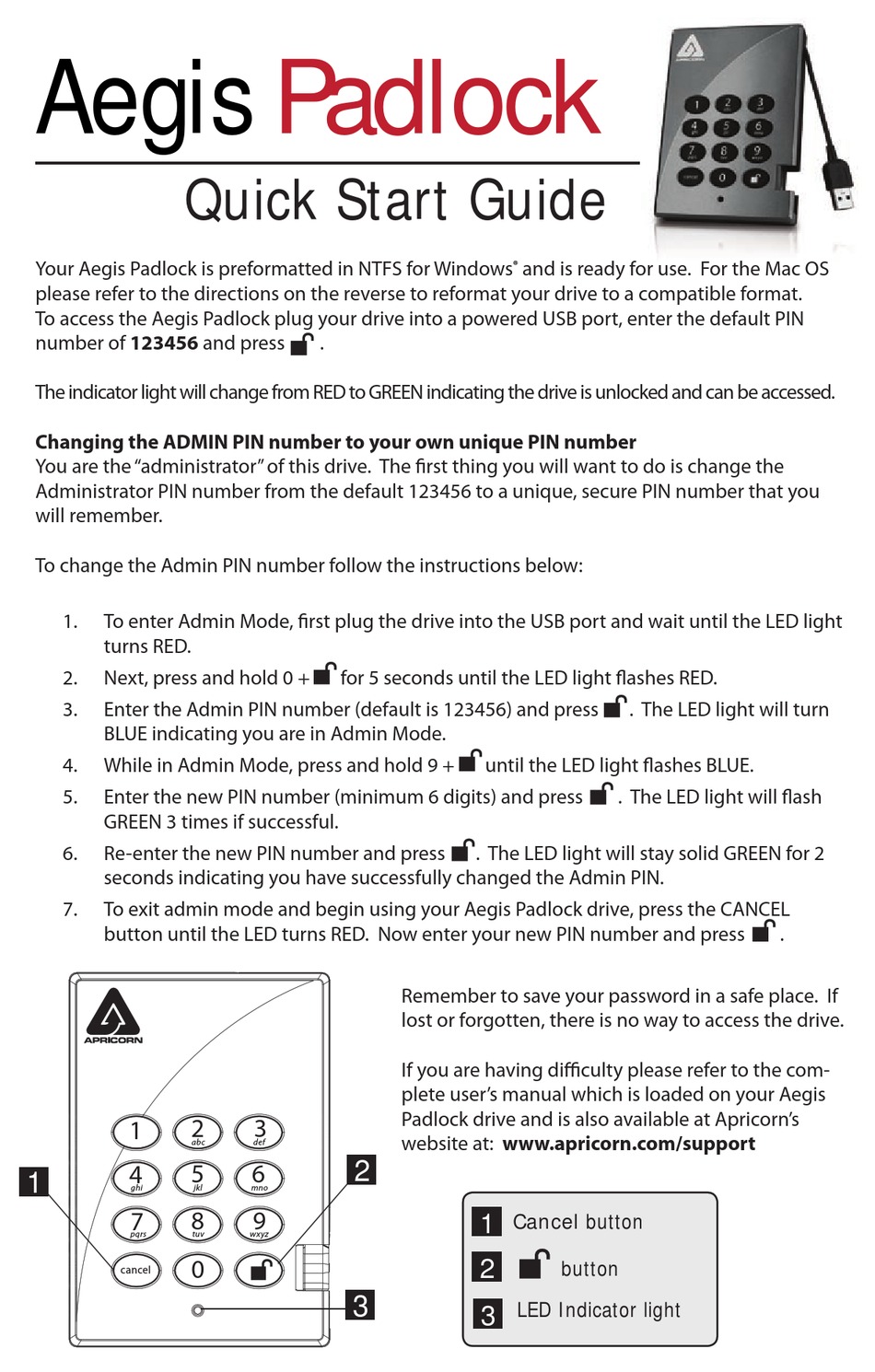 APRICORN AEGIS PADLOCK A25-PL256 250GB QUICK START MANUAL Pdf Download