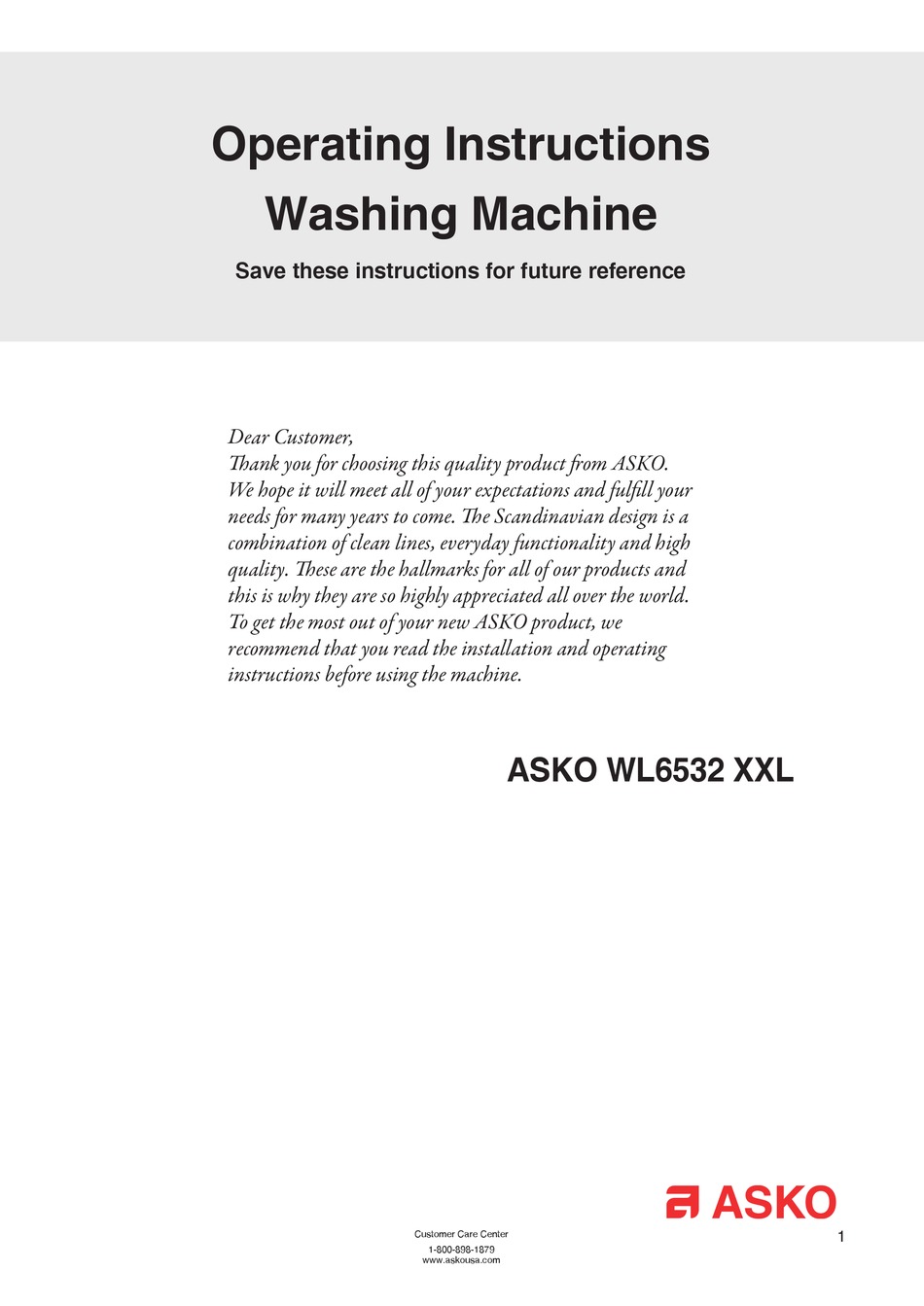 ASKO WL6532 XXL WASHER OPERATING INSTRUCTIONS MANUAL ManualsLib