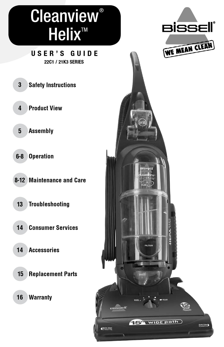 BISSELL CLEANVIEW HELIX 21K3 SERIES VACUUM CLEANER USER MANUAL | ManualsLib