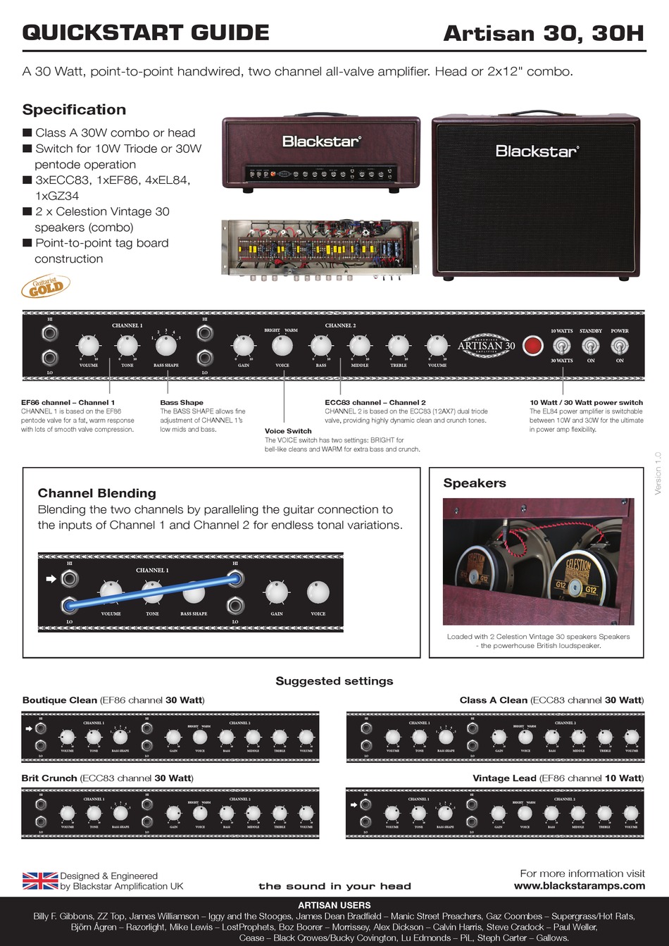 BLACKSTAR ARTISAN ARTISAN 30 AMPLIFIER QUICK START MANUAL | ManualsLib