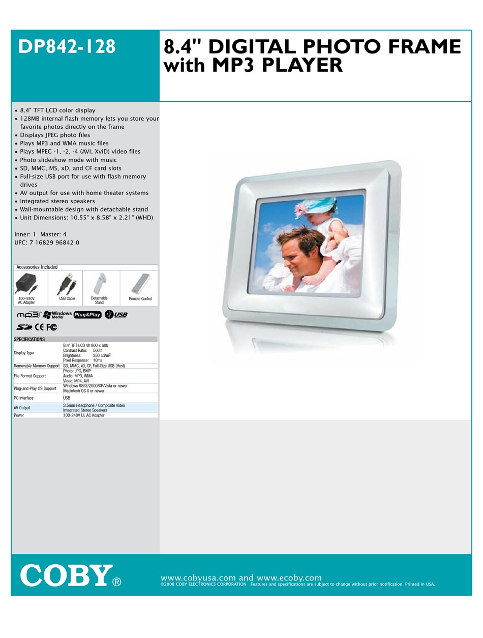 COBY DP842 DIGITAL PHOTO FRAME SPECIFICATIONS ManualsLib