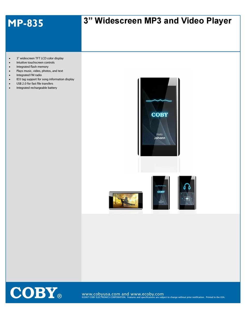 COBY MP835 2GB MP3 PLAYER SPECIFICATIONS ManualsLib