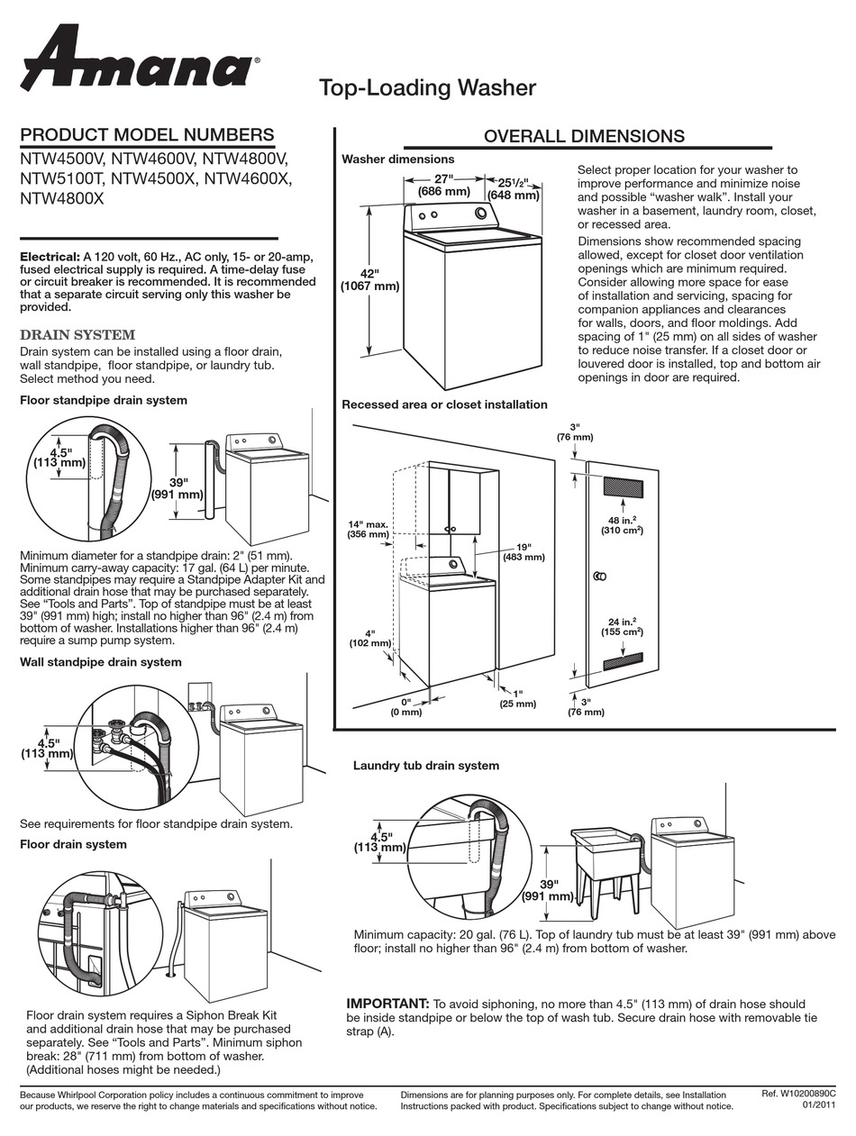 AMANA NTW4500V WASHER DIMENSIONS AND INSTALLATION ManualsLib
