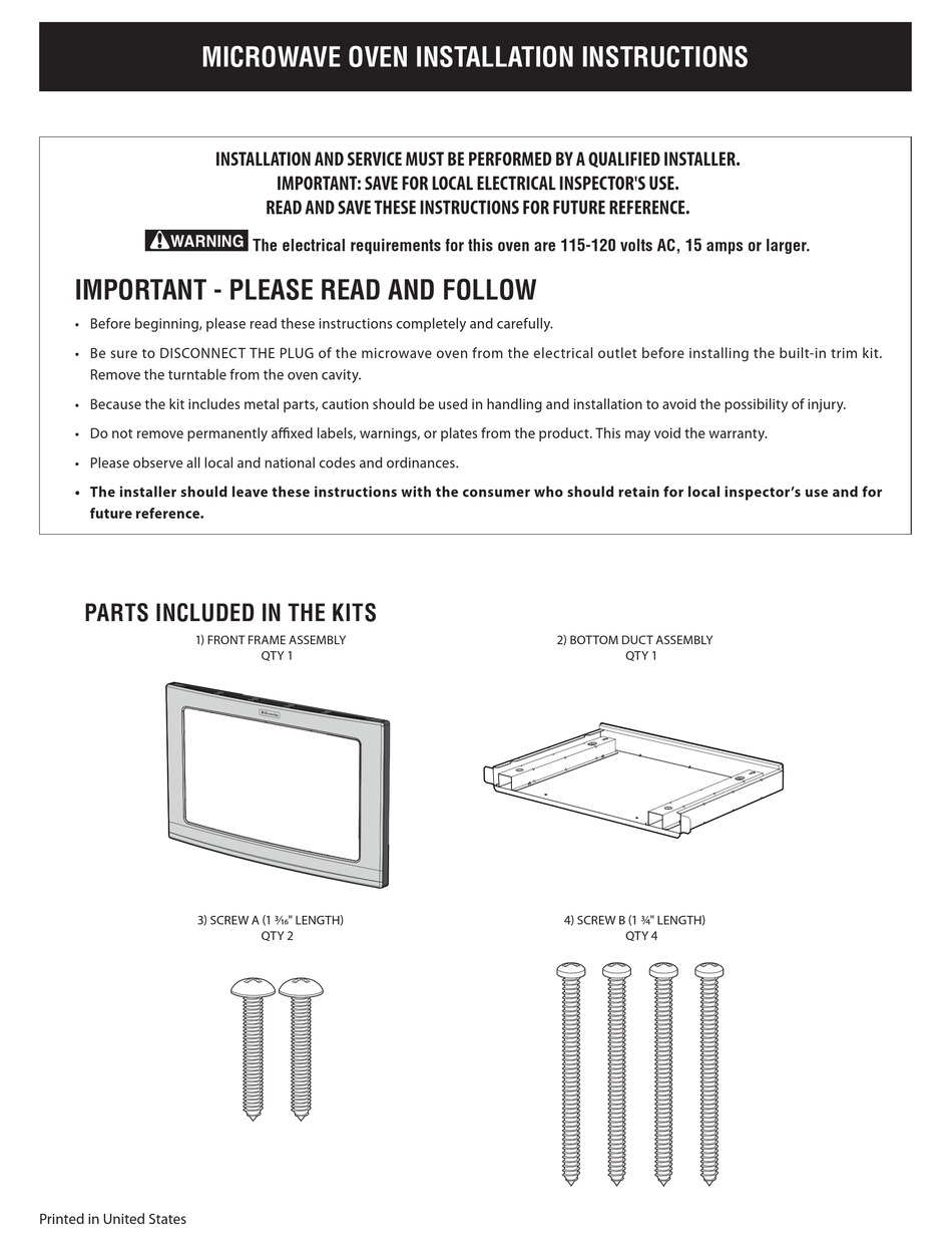 ELECTROLUX EI27MO45GS MICROWAVE OVEN INSTALLATION INSTRUCTIONS MANUAL