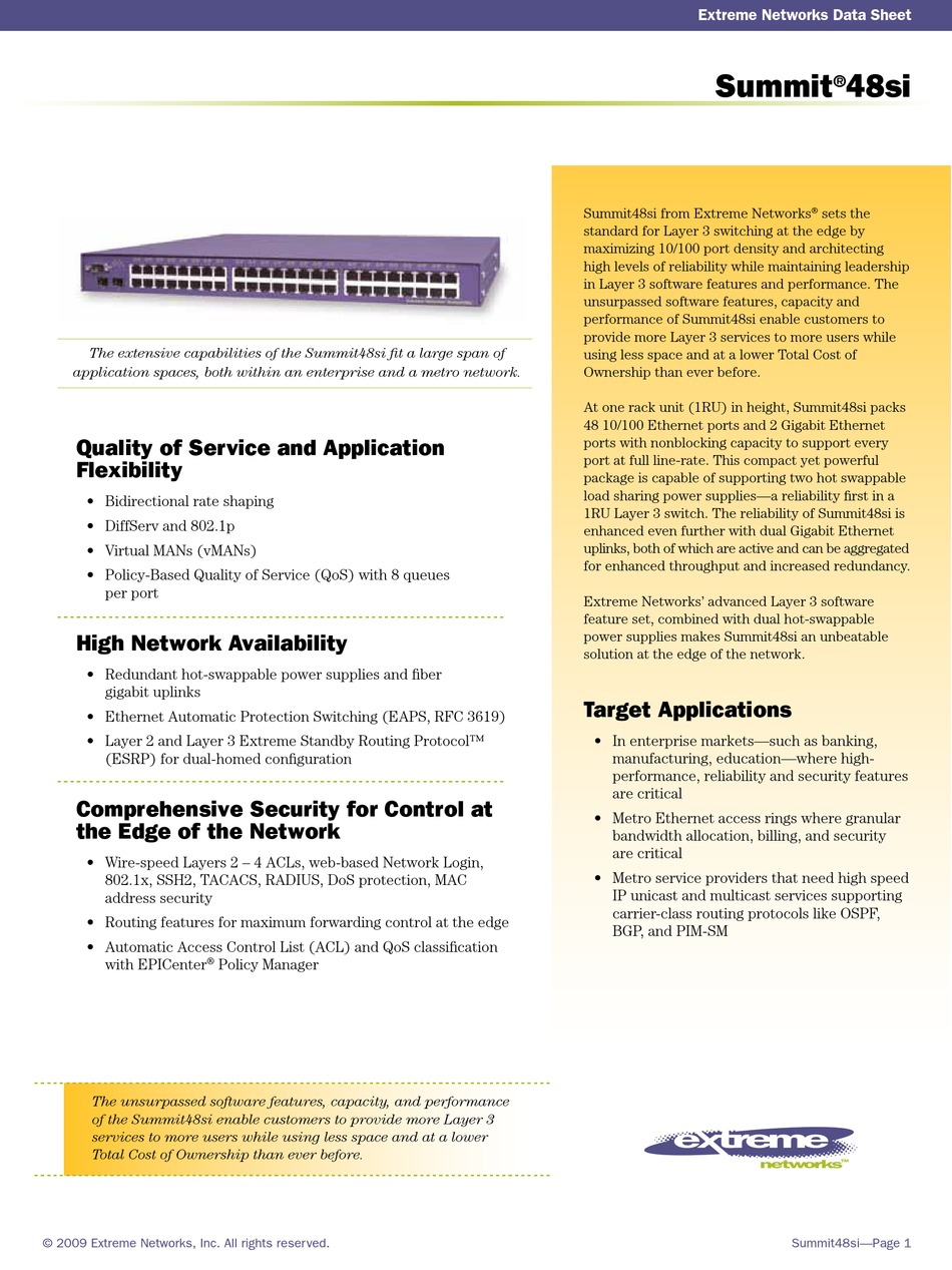 EXTREME NETWORKS SUMMIT SUMMIT48SI SWITCH DATASHEET ManualsLib