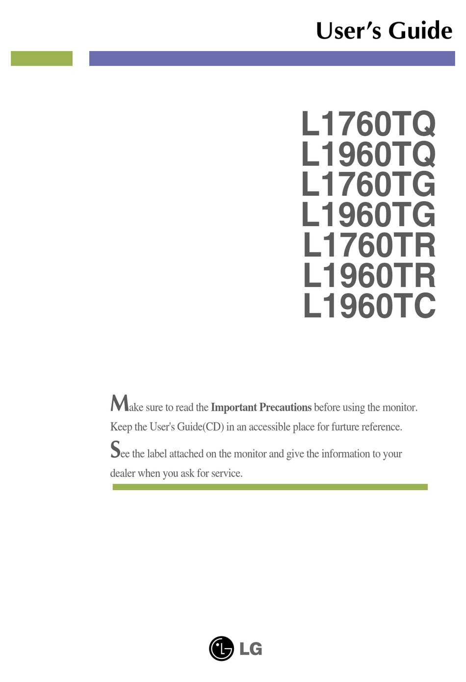 LG L1760TQ-BF MONITOR USER MANUAL | ManualsLib