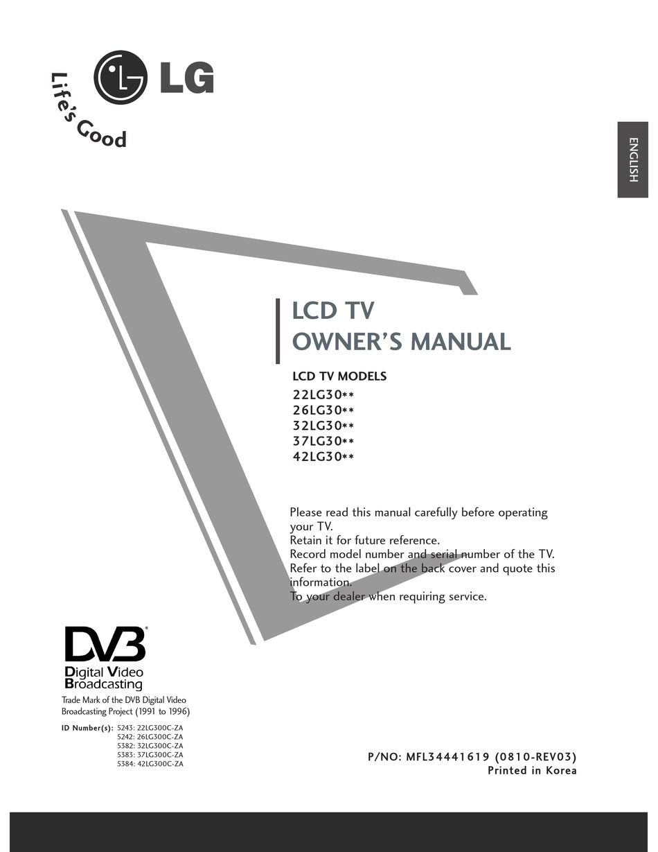 LG 26LG300C LCD TV OWNER'S MANUAL ManualsLib