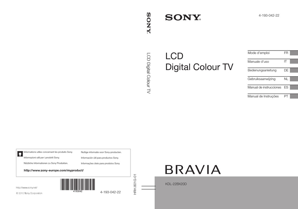 SONY BRAVIA KDL22BX20D LCD TV INSTRUCTION & OPERATION MANUAL ManualsLib