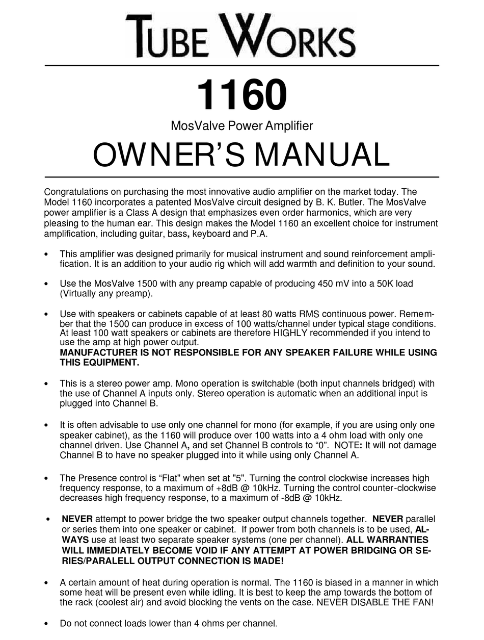 Technical Specifications - Tube Works 1160 Owner's Manual [Page 2] |  ManualsLib